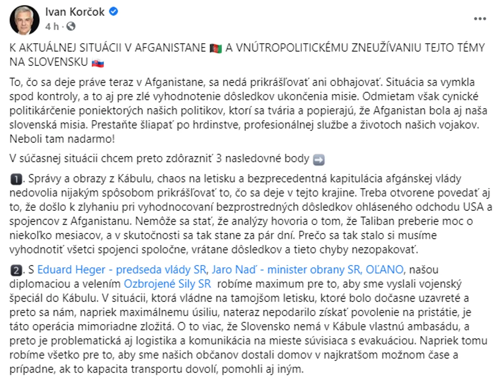 Príspevok Ivana Korčoka udalostiam v Afganistane.