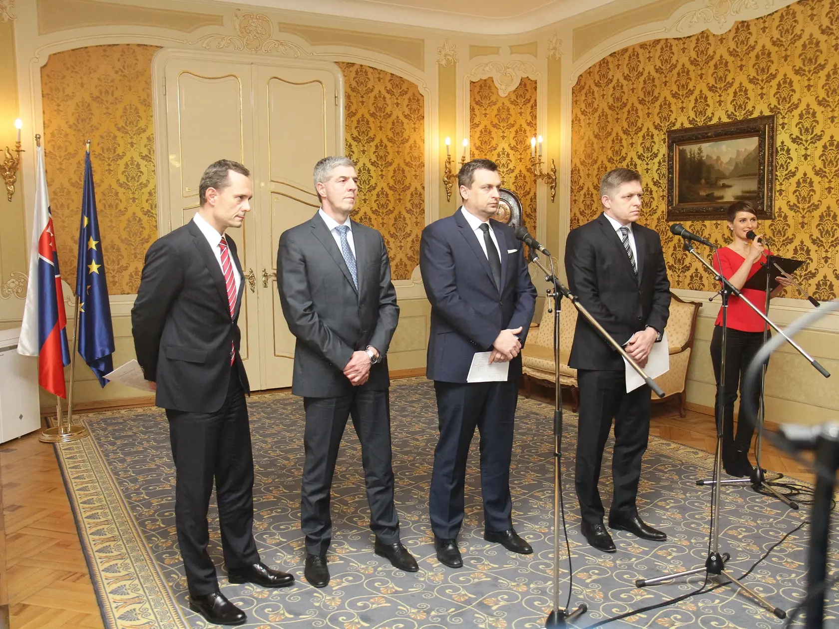 Robert Fico, Anton Danko, Bela Bugar a Rado Prochazka na spolocnom vyhlaseni pocas koalicnych rokovani,