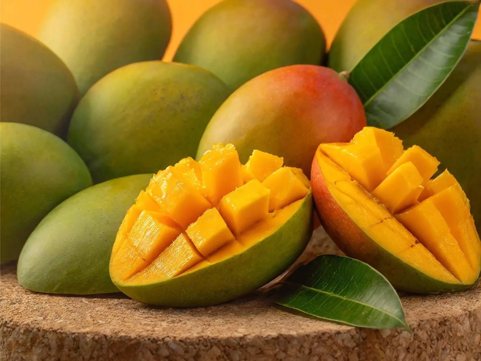 The mango has a blushed red and yellow skin, characteristic of its variety. A green stem with a hint of red protrudes from the top. The mango is plump and round,
