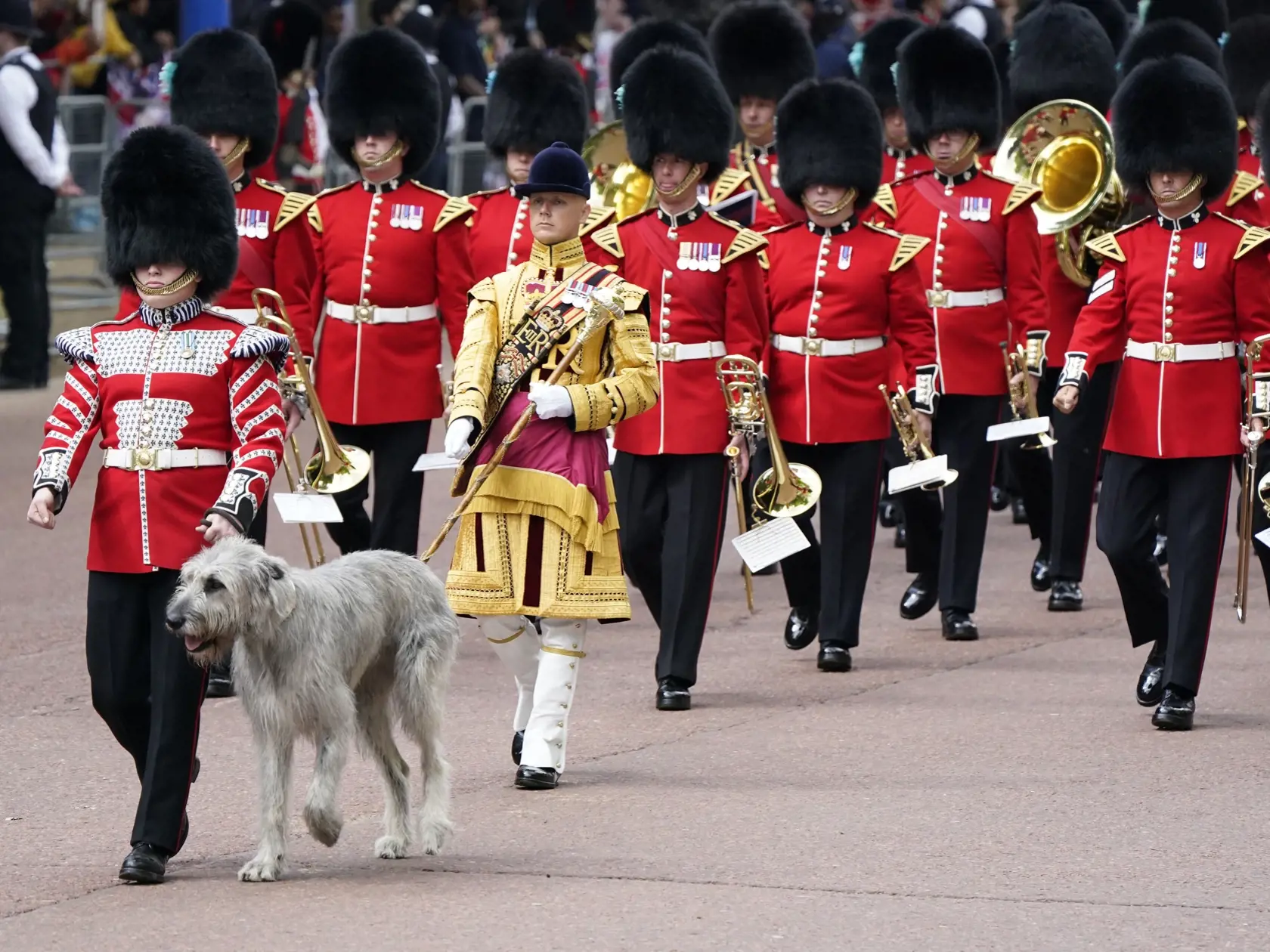 WA 45 Londýn - Írsky vlkodav vedie príslušníkov gardy, ktorí pochodujú pred začiatkom slávnostného vojenského sprievodu (Trooping the Color), ktorým sa začali štvordňové oslavy 70. výročia nástupu britskej kráľovnej Alžbety II. na trón v Londýne vo štvrtok 2. júna 2022. Kráľovná Alžbeta II. (96) oslávila 70 rokov na tróne vo februári a celonárodné oslavy jej platinového jubilea, vrátane ďakovnej bohoslužby a hudobného koncertu pred Buckinghamským palácom, sa budú konať od 2. do 5. júna. FOTO TAS