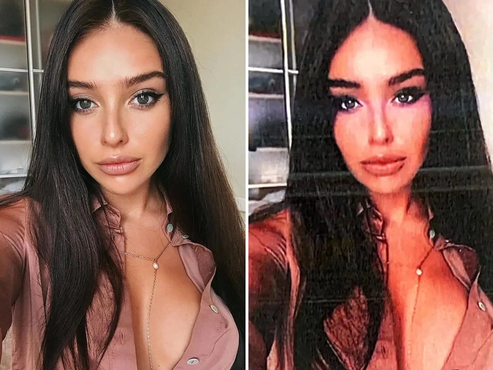 Možno si opäť pripadala príťažlivá. Pred zadržaním používala aj túto fotku. Vľavo originál modelka Alexandra Evglevskaya a vpravo upravená fotografia od Aleny Zsuzsovej