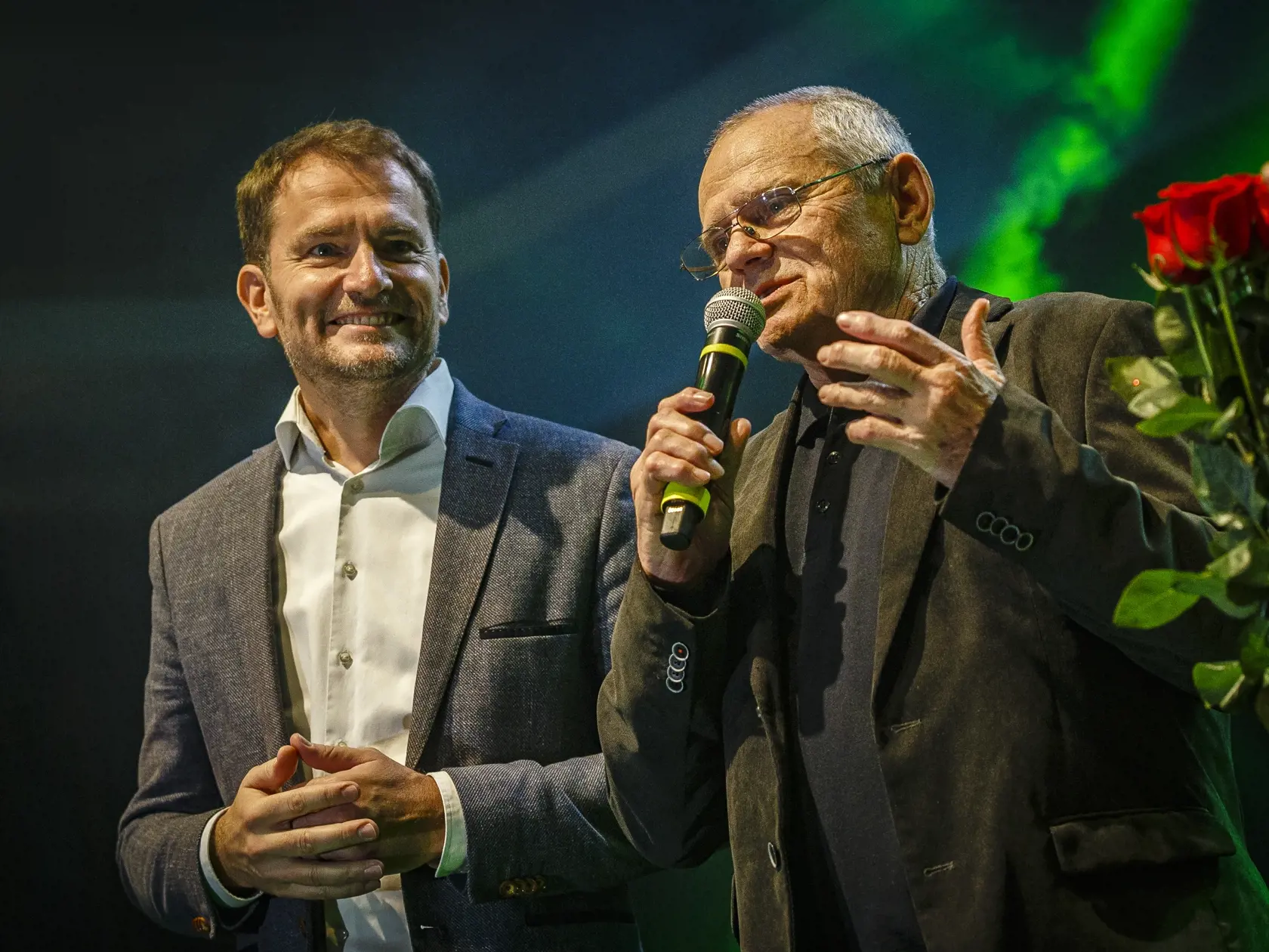 Na snímke Milan Kňažko a Igor Matovič v centrále politickej strany OĽANO počas noci volieb do Národnej rady Slovenskej republiky, 29.2.2020