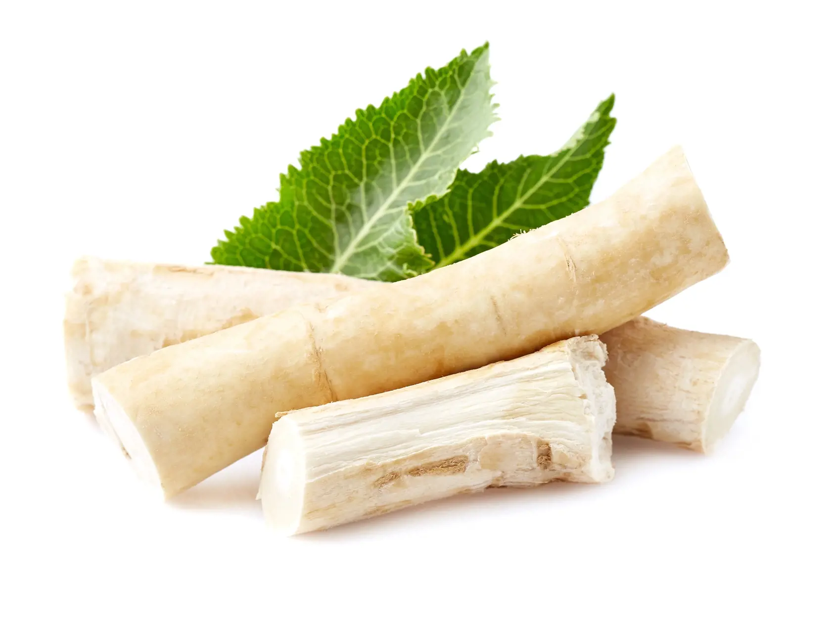 Horseradish,Root,With,Leaves,On,White,Background