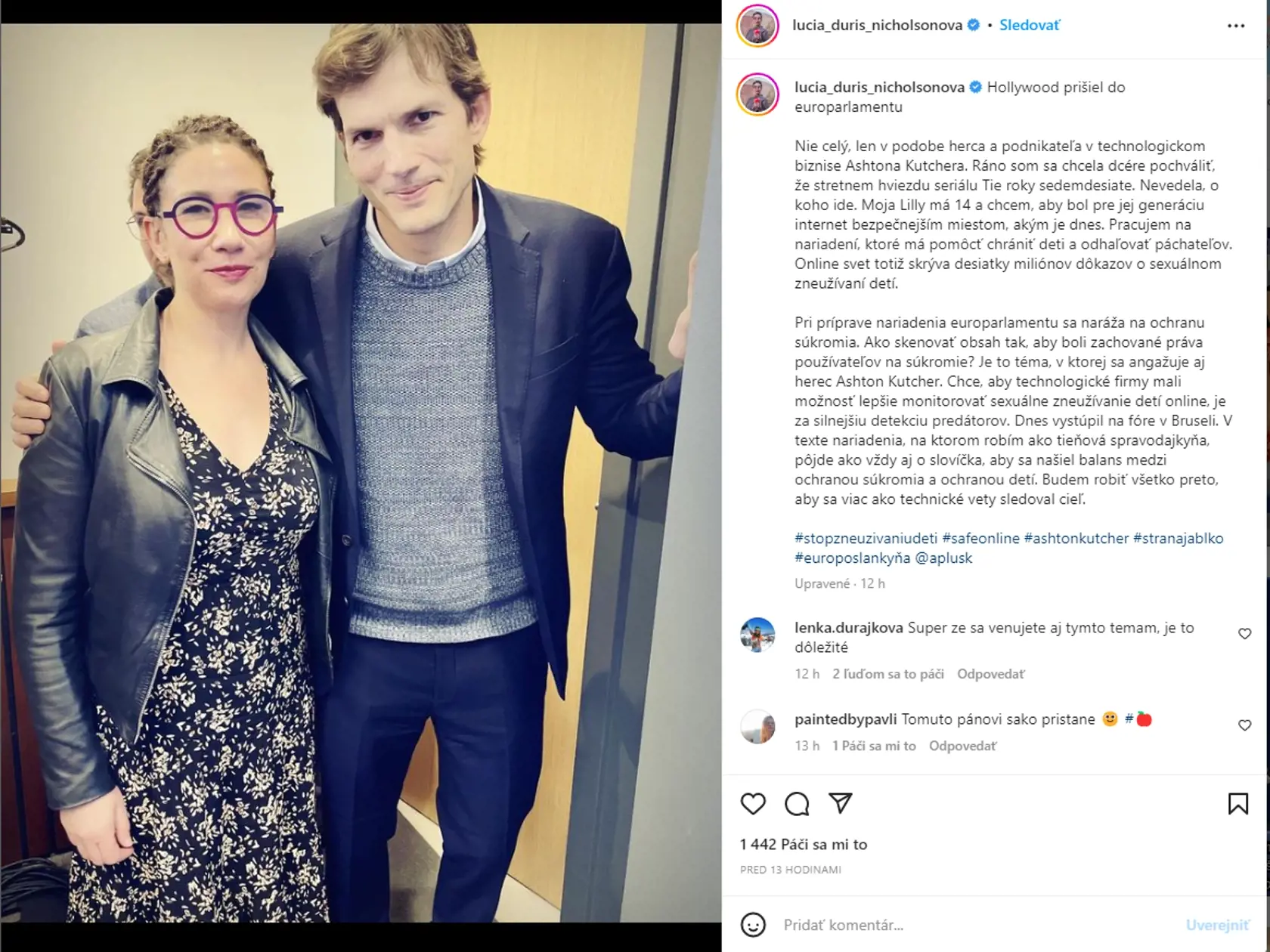 Europoslankyňa Lucia Ďuriš Nicholsonová a herec Ashton Kutcher.