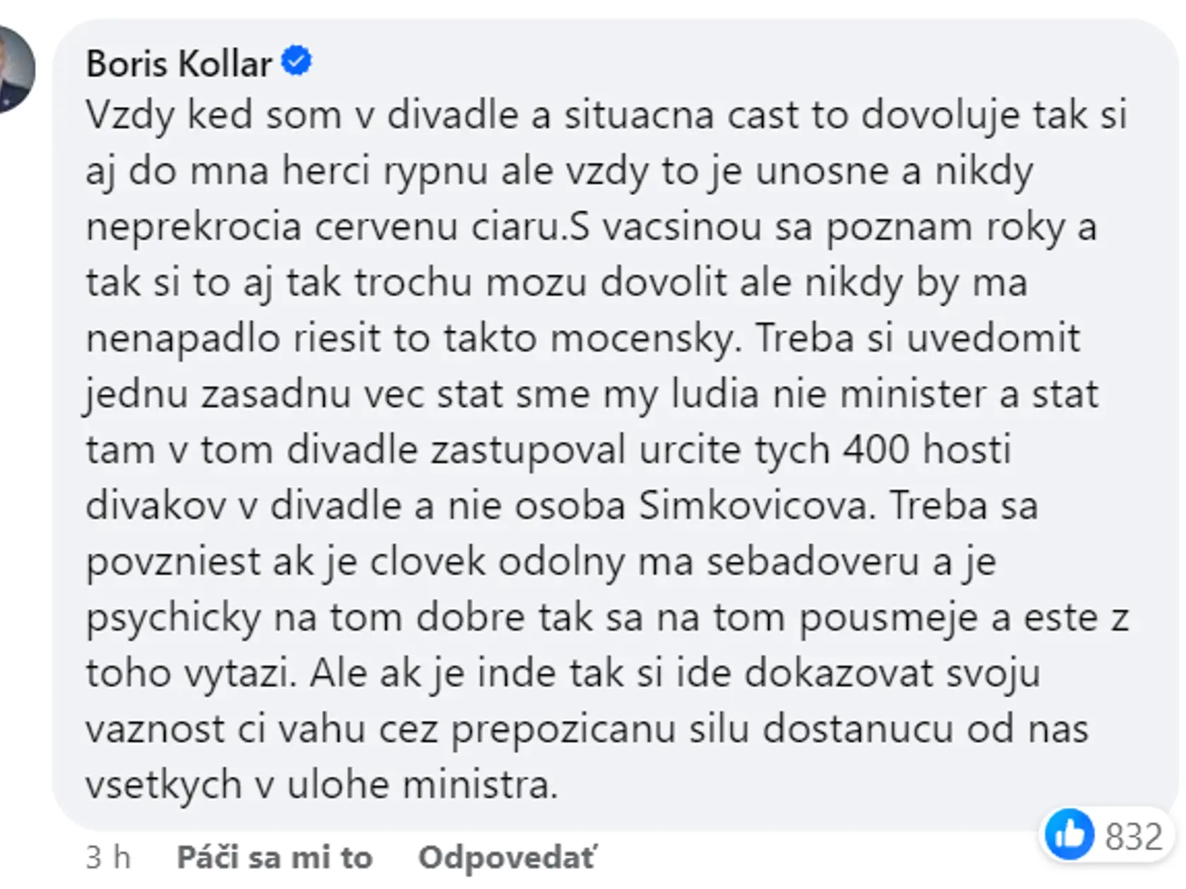 Kollár poslal Martine Šimkovičovej trefný odkaz.