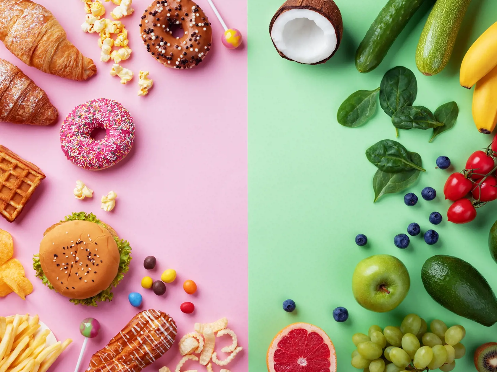 Healthy,And,Unhealthy,Food,Background,From,Fruits,And,Vegetables,Vs