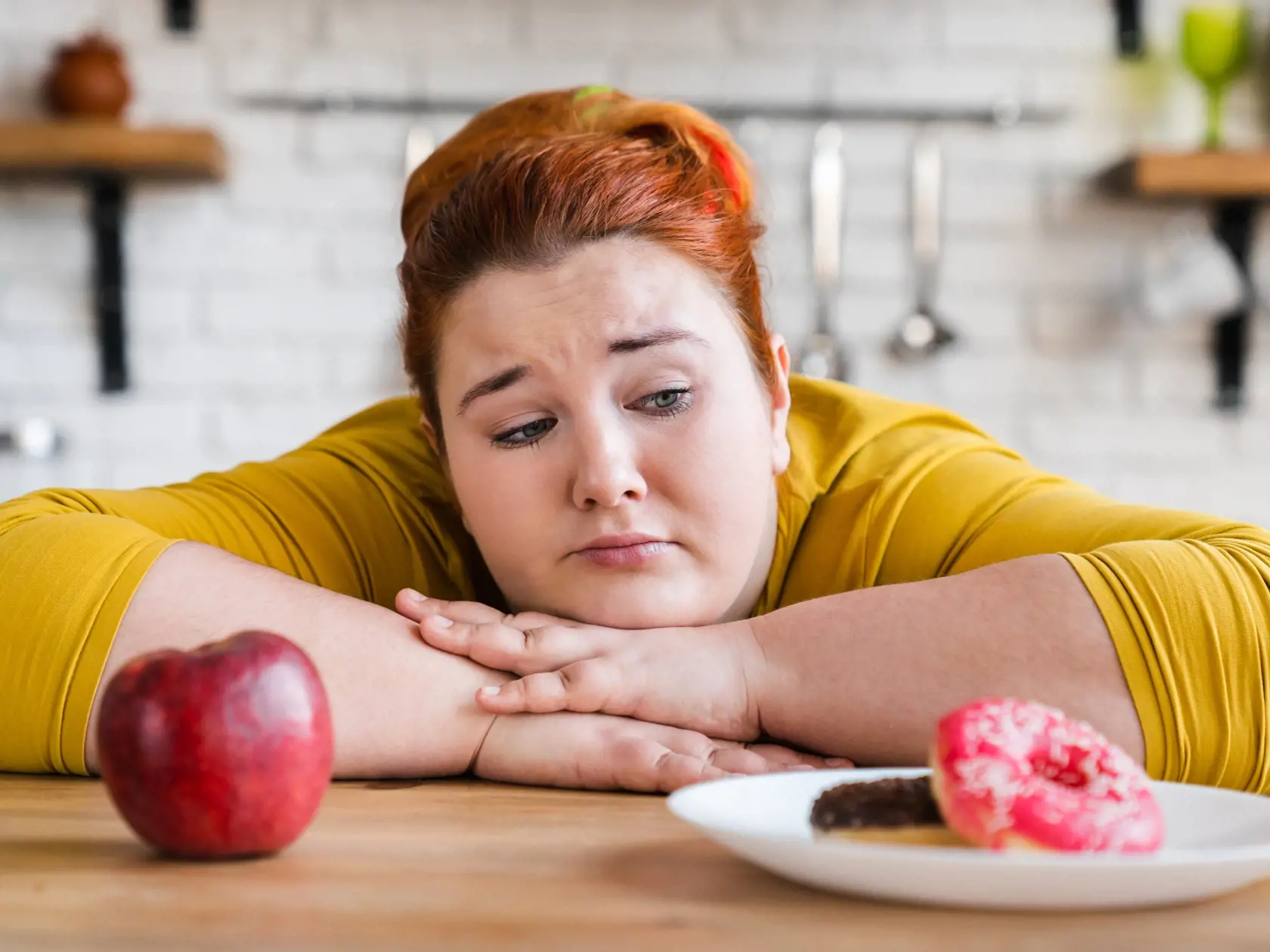 Sad,Plump,Fat,Woman,Choosing,Between,Sweets,And,Fruits,,Healthy