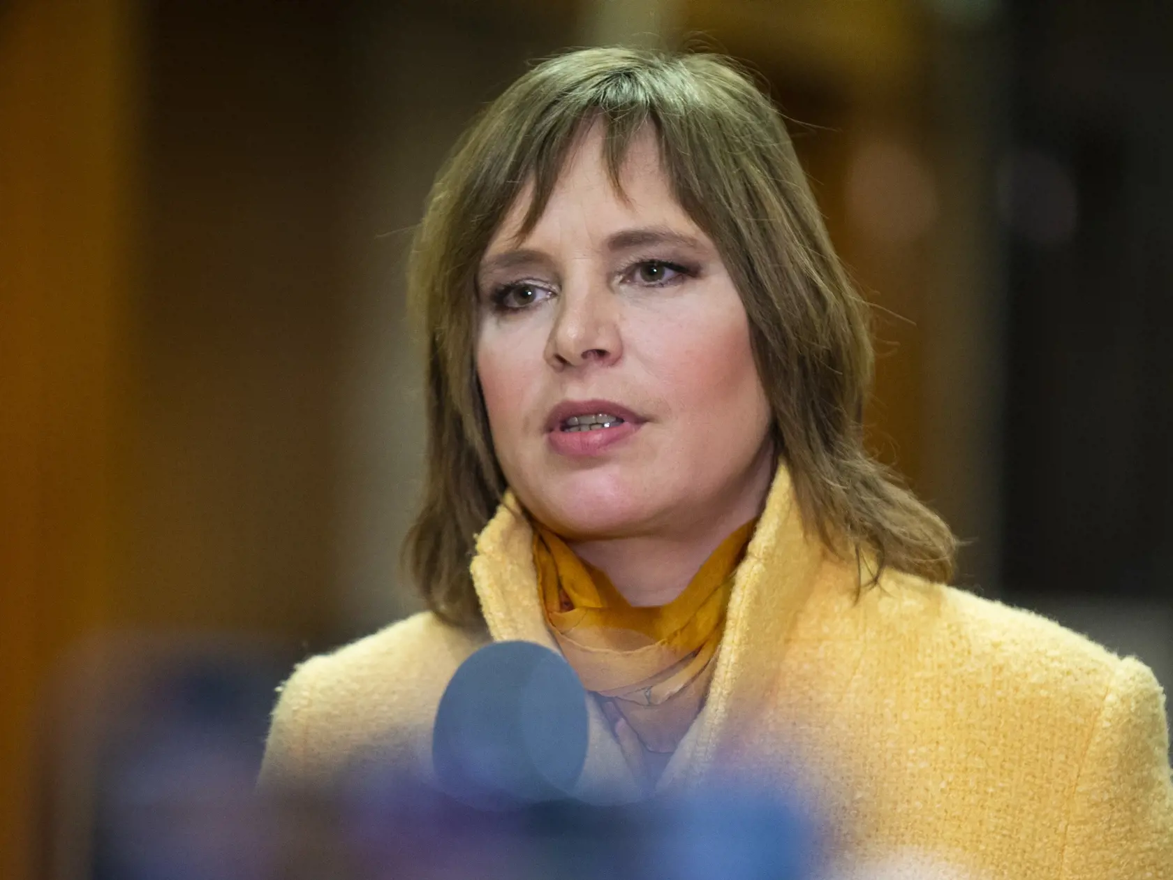Predsedníčka strany Za ľudí Veronika Remišová počas tlačovej konferencie po rokovaní dočasne povereného predsedu vlády Eduarda Hegera s predstaviteľmi OĽaNO, SaS, Sme rodina a Za ľudí 22. januára 2023 v Bratislave. FOTO TASR - Jakub Kotian