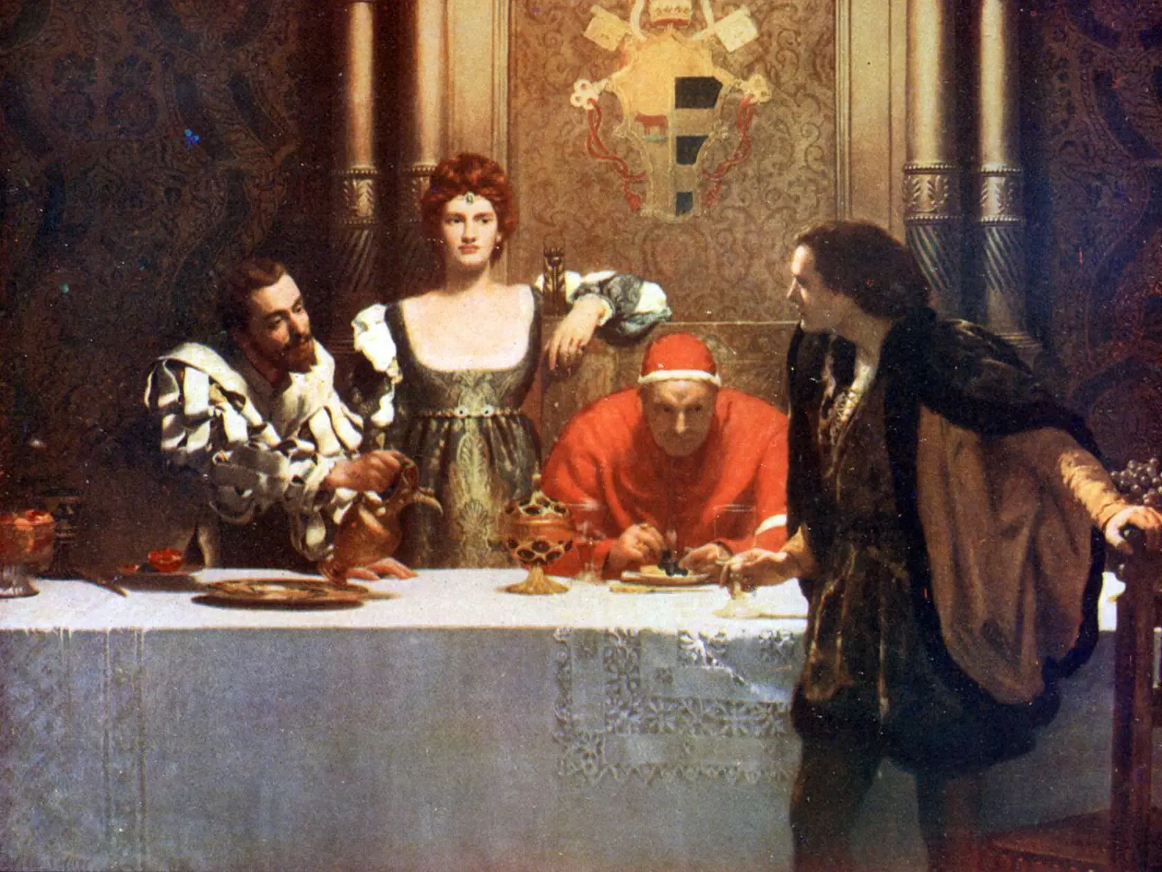 Traja najznámejší členovia rodu Borgiovcov – Cesare (vľavo), jeho sestra Lucrezia a ich otec pápež Alexander VI. na obraze Johna Colliera.