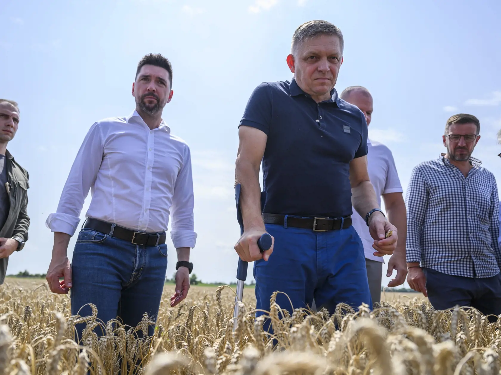 Na snímke minister pôdohospodárstva a rozvoja vidieka SR Richard Takáč (druhý zľava, Smer-SD), predseda vlády SR Robert Fico (uprostred, Smer-SD), predseda Slovenskej poľnohospodárskej a potravinárskej komory (SPPK) Andrej Gajdoš (tretí sprava) a podpredseda SPPK Emil Macho (druhý sprava) pózujú v žite počas  žatvy na poľnohospodárskom družstve Agro Voderady v obci Slovenská Nová Ves v okrese Trnava v pondelok 8. júla 2024. FOTO TASR - Jaroslav Novák
