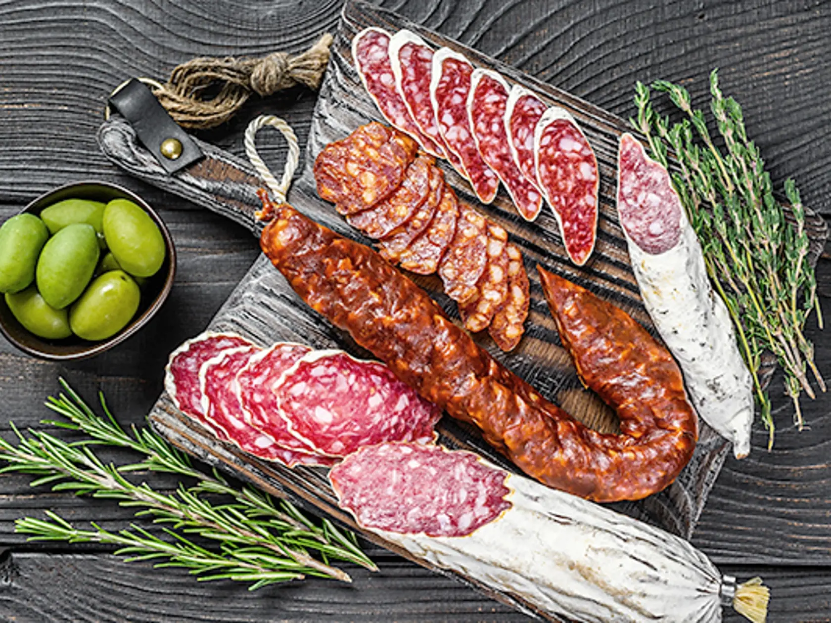 Spanish,Tapas,Sliced,Sausages,Salami,,Fuet,And,Chorizo,On,A