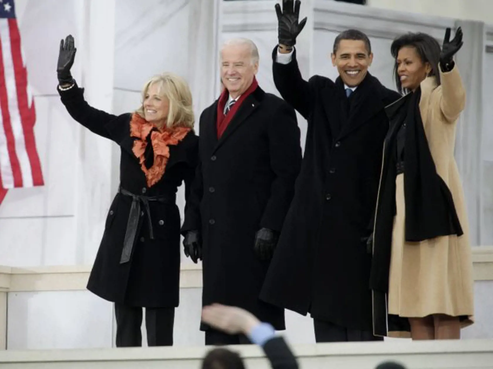 President-elect Barack Obama, his wife Michelle Obama, and Vice President-elect Joe Biden and his wife Jill Biden wave during "We Are One: Opening Inaugural Celebration at the Lincoln Memorial" in Washington, Sunday, Jan. 18, 2009.  (AP Photo/Carolyn Kaster)