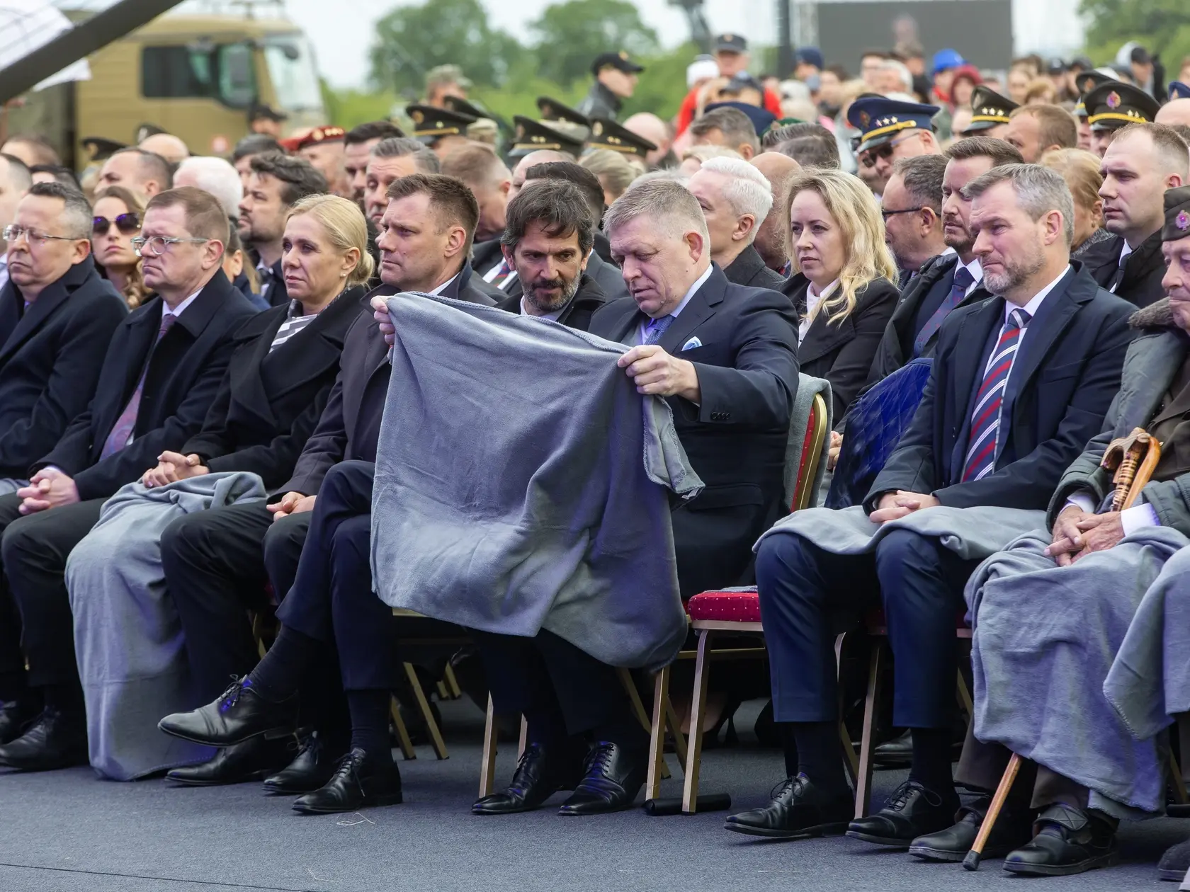 Oslavy 80.výročia víťazstva nad fašizmom Piešťany 2025. Na snimke je Robert Fico, Robert Kalinák. 