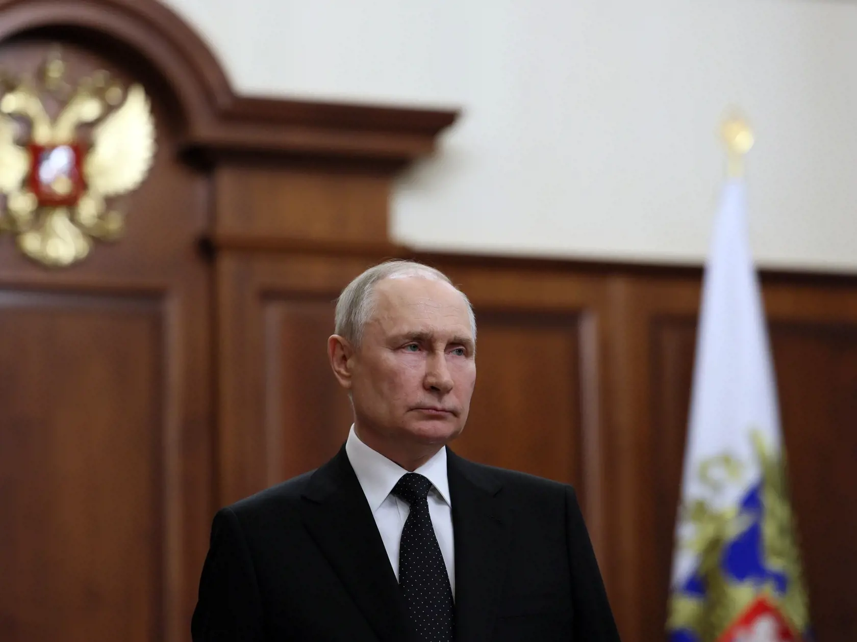 Na snímke ruský prezident Vladimir Putin sa prihovára k národu v Moskve v Rusku v sobotu 24. júna 2023.