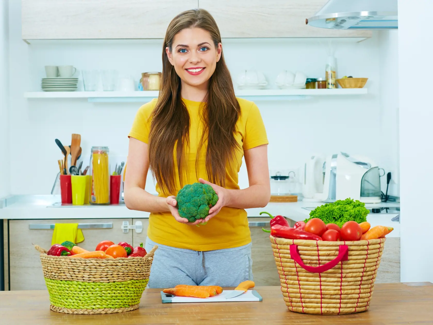 Happy,Woman,Cooking,Food,At,Home.,Vegetables,Diet.
