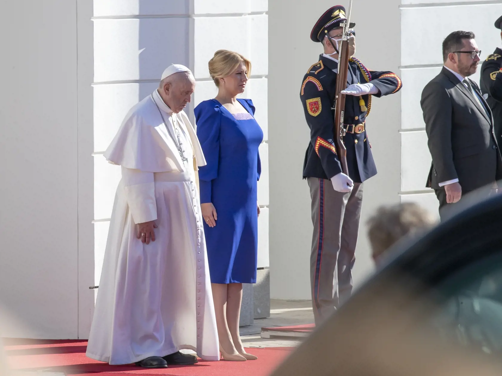 Prijatie pápeža Františka prezidentkou Zuzanou Čaputovou v priestoroch Prezidentského paláca v Bratislave pri príležitosti jeho trojdňovej apoštolskej návštevy Slovenska. 