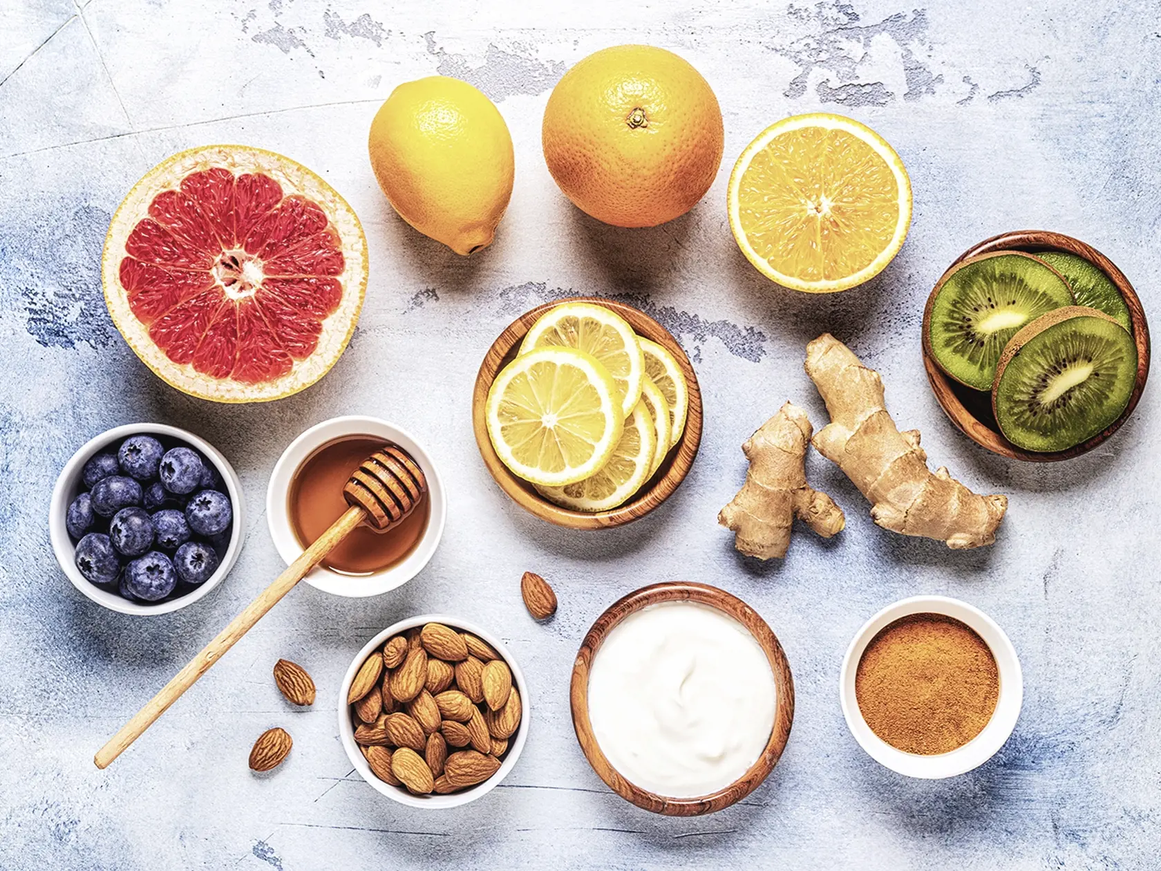 Healthy products for Immunity boosting and cold remedies, top view.