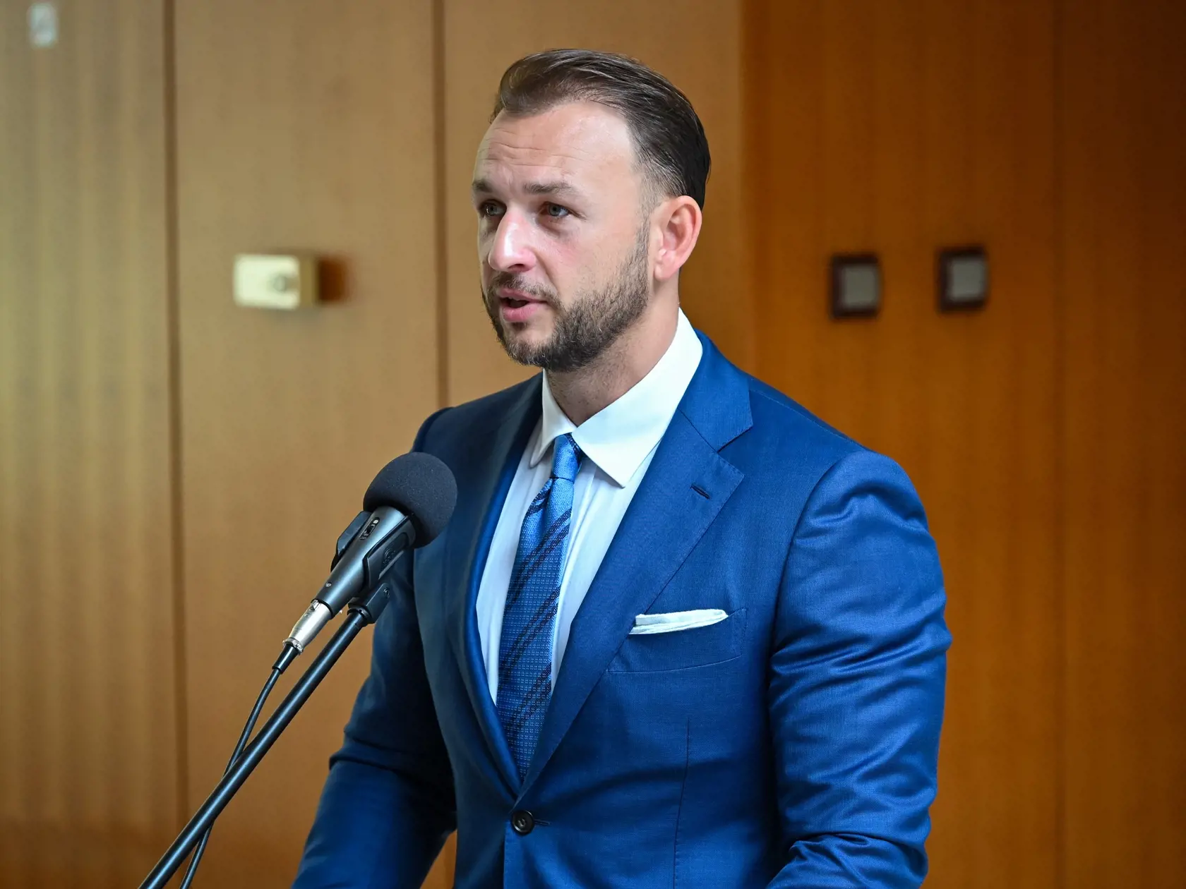 Na snímke minister vnútra SR Matúš Šutaj Eštok (Hlas-SD) počas príchodu na zasadnutie Bezpečnostnej rady (BR) SR 5. júna 2024 v Bratislave.