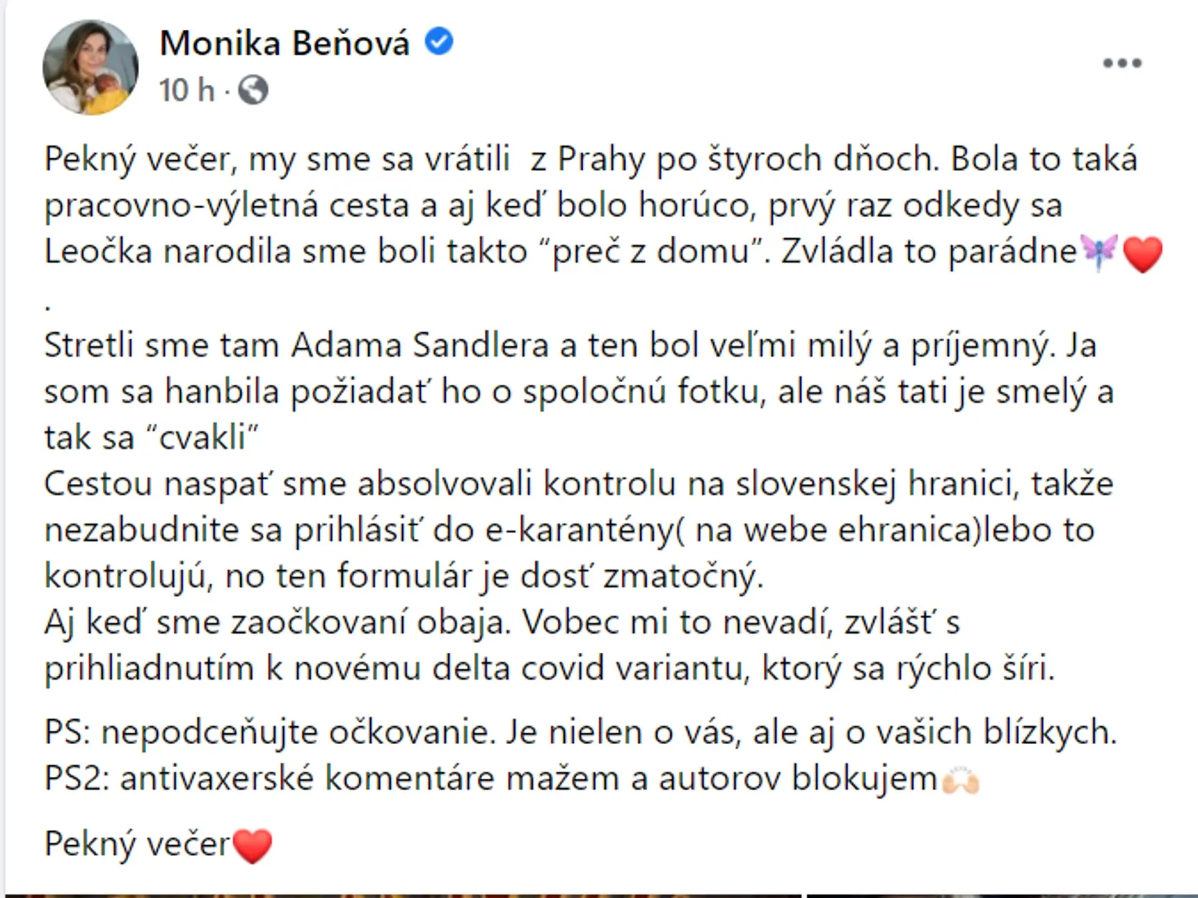 Status Moniky Beňovej o jej výlete v Prahe.