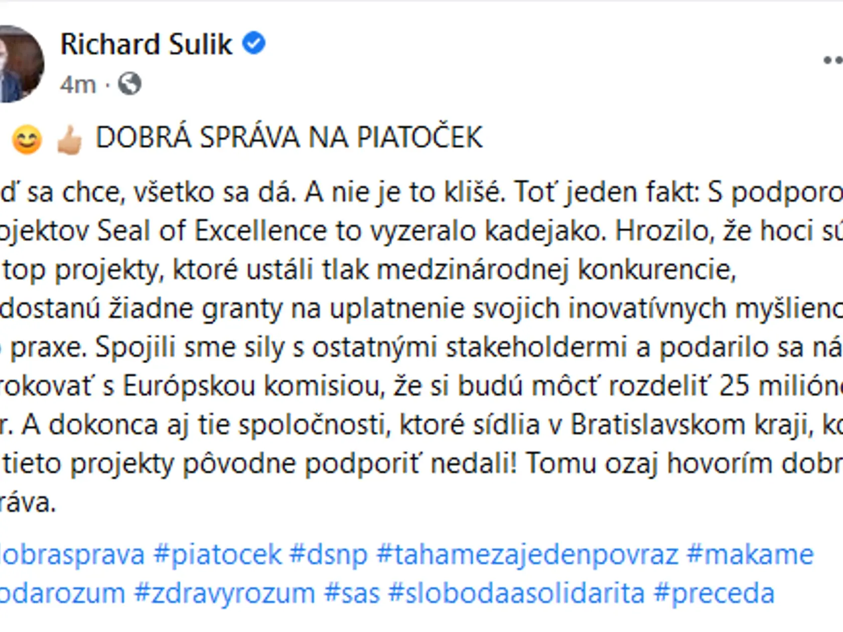 Facebookový status Richarda Sulíka.