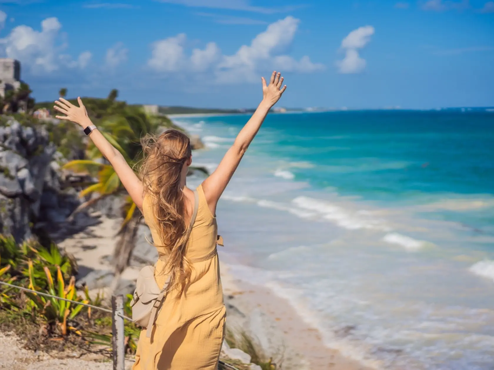 Woman,Tourist,Enjoying,The,View,Pre-columbian,Mayan,Walled,City,Of