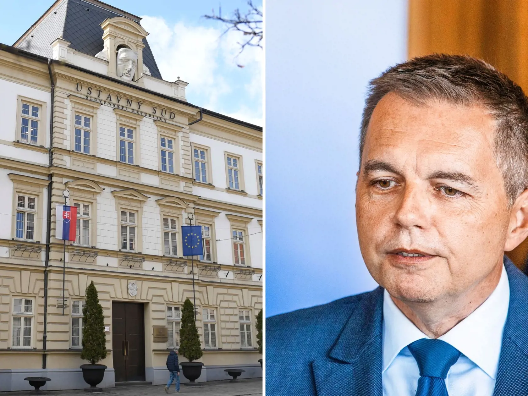 Priečelie budovy Ústavného súdu SR v Košiciach a guvernér Národnej banky Slovenska Peter Kažimír.