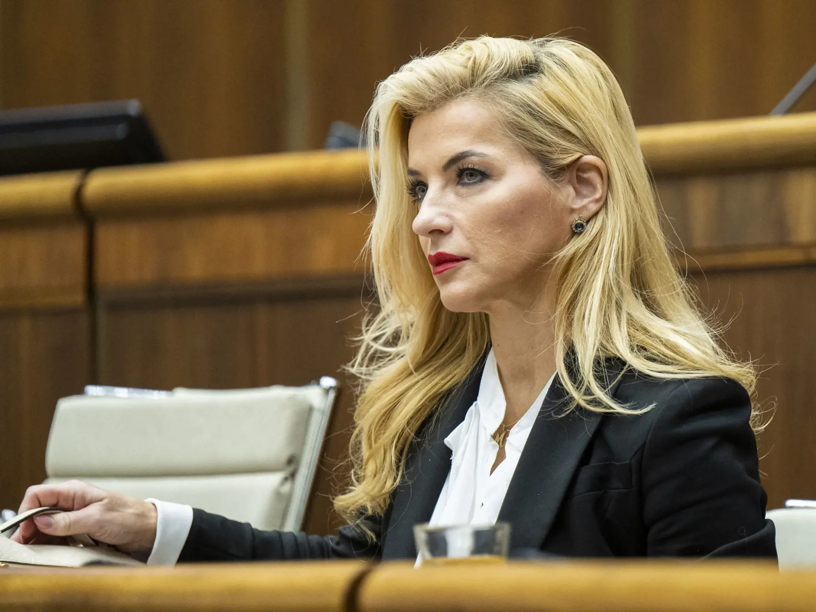 Na snímke ministerka kultúry SR Martina Šimkovičová (nominantka SNS) počas hlasovania o schválení rozpočtu v rámci 23. schôdze NR SR 3. decembra 2024 v Bratislave. Poslanci Národnej rady (NR) SR v utorok dopoludnia pokračujú v riadnej 23. schôdzi. Hlasovať by mali aj o návrhu rozpočtu na budúci rok. FOTO TASR - Jakub Kotian