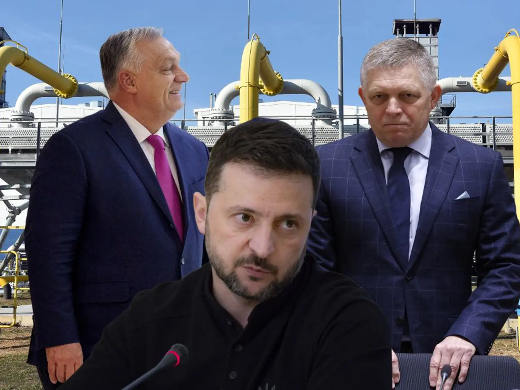 Na kombosnímke zľava maďarský ministerský predseda Viktor Orbán, prezident Ukrajiny Volodymyr Zelenskyj a premiér Slovenskej republiky Robert Fico. V pozadí kompresorová stanica vo Veľkých Kapušanoch.