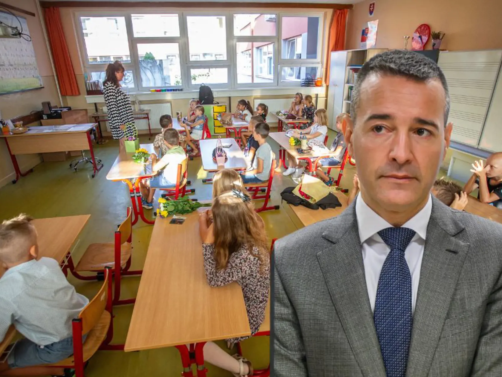 Na fotokoláži minister školstva Tomáš Drucker, v pozadí trieda v škole so malými žiakmi.