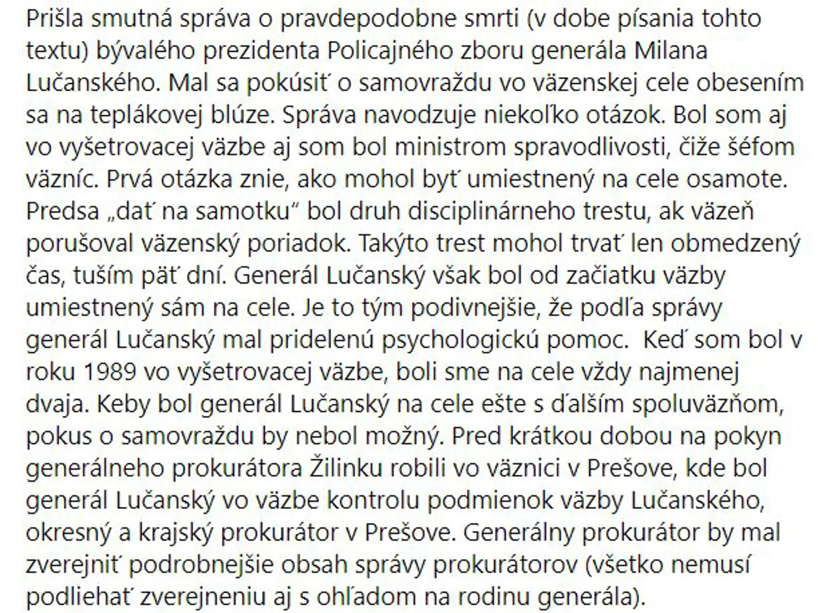 Ján Čarnogurský - status k smrti Milana Lučanského - 1. Časť