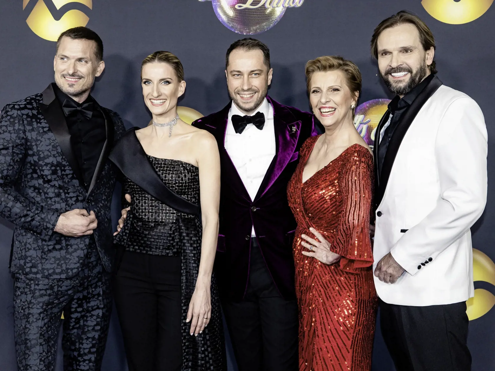 Finále tanečnej súťaže "Let's Dance 2023" v Bratislave. Na snímke Ján Koleník, Adela Vinczeová, Tatiana Drexler, Peter Modrovský a Ján Ďurovčík.