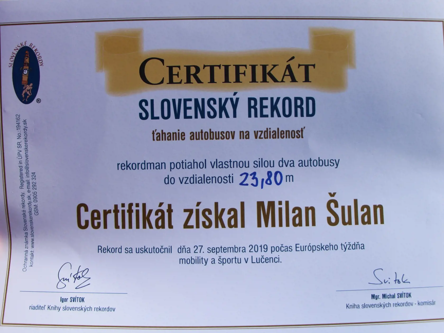 Milan Šuľan vytvoril slovenský ustanovujúci rekord a nový európsky rekord v ťahaní dvoch autobusov.