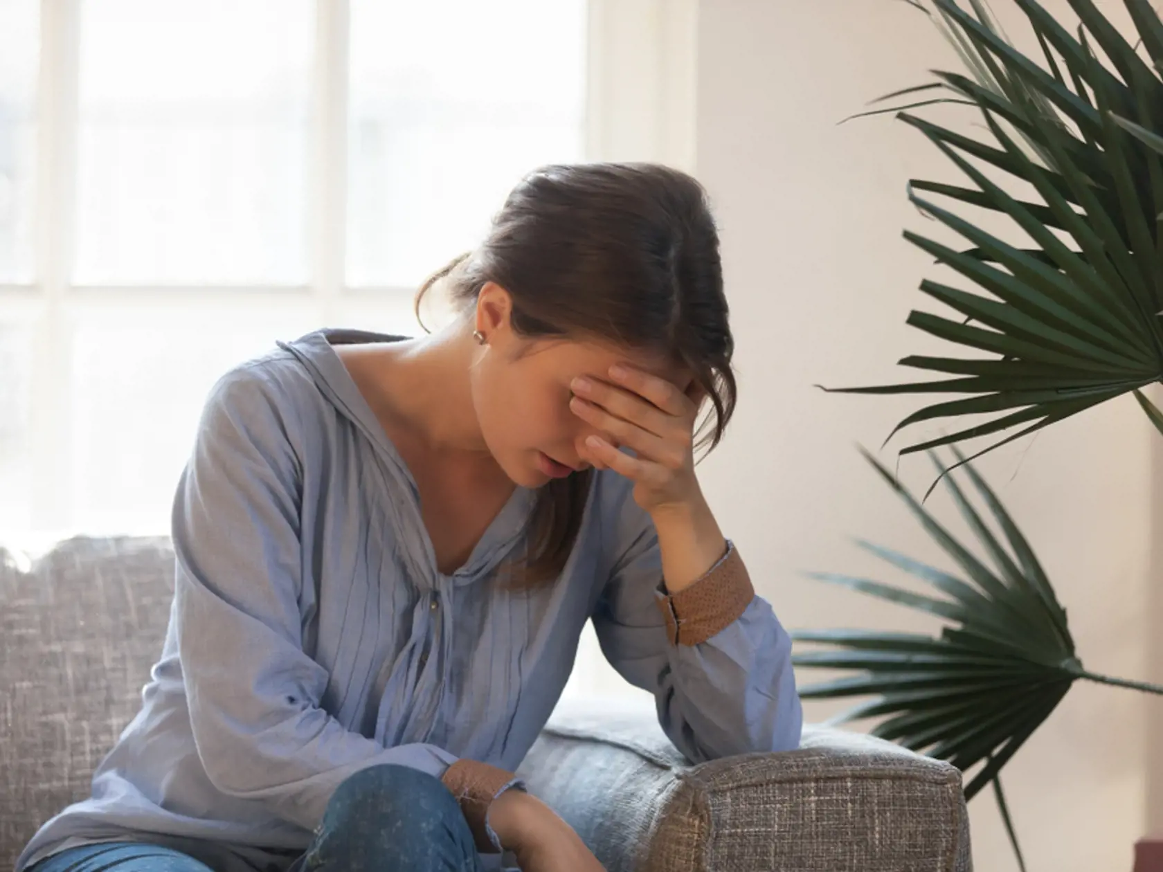 Upset,Depressed,Young,Woman,Feeling,Tired,Bad,Down,Headache,Migraine
