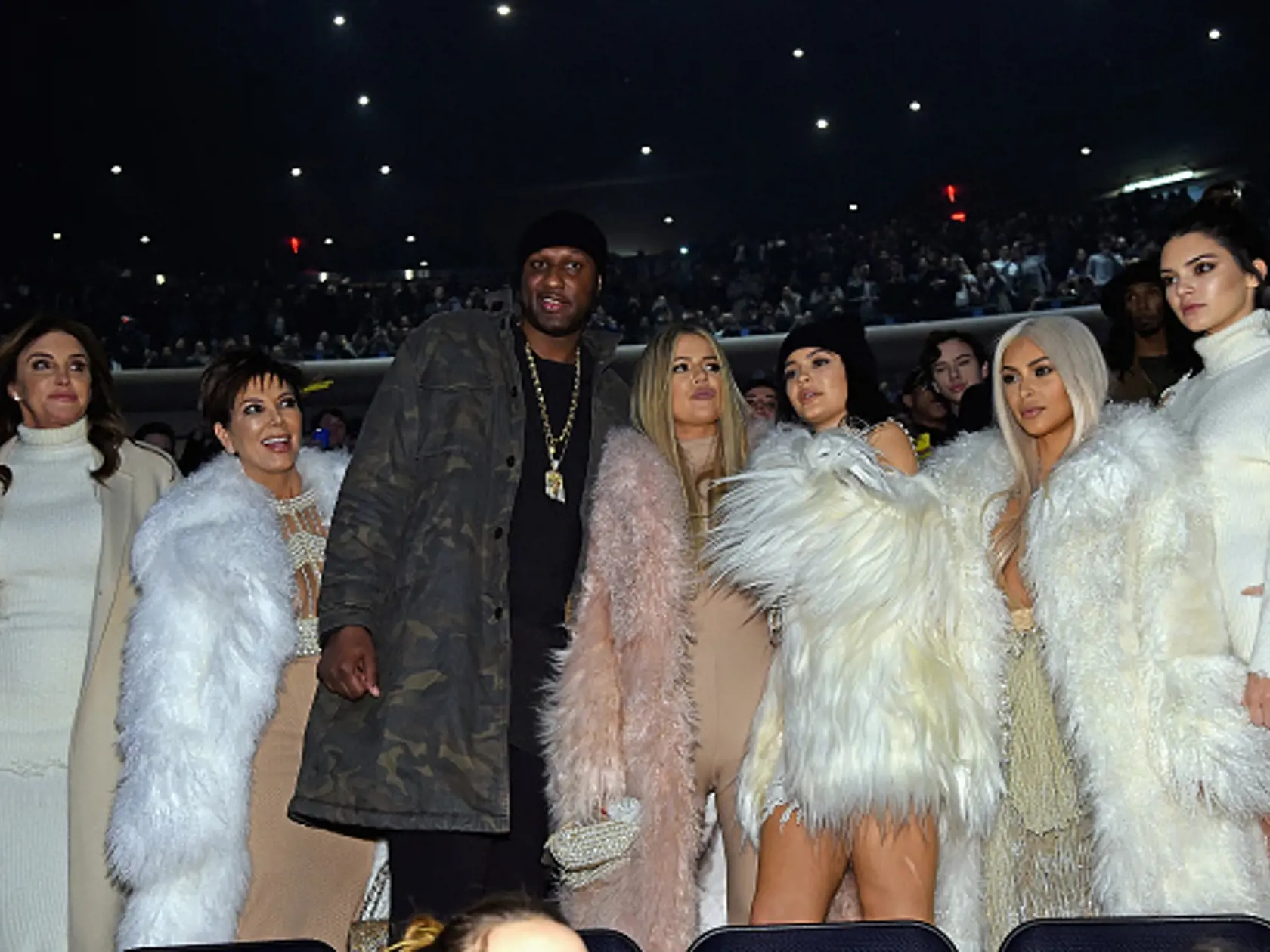 NEW YORK, NY - FEBRUARY 11:  (L-R) Caitlyn Jenner, Kris Jenner, Lamar Odom, Khloe Kardashian, Kylie Jenner, Kim Kardashian and Kendall Jenner attend Kanye West Yeezy Season 3 on February 11, 2016 in New York City.  (Photo by Jamie McCarthy/Getty Images for Yeezy Season 3)