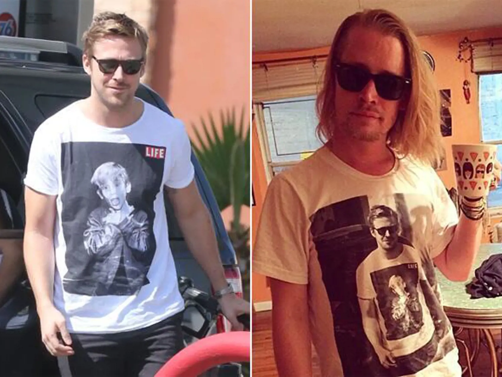 Macaulay Culkin sa zvečnil v tričku, na ktorom je herec Ryan Gosling ako má na sebe tričko s Macaulayom Culkinom.