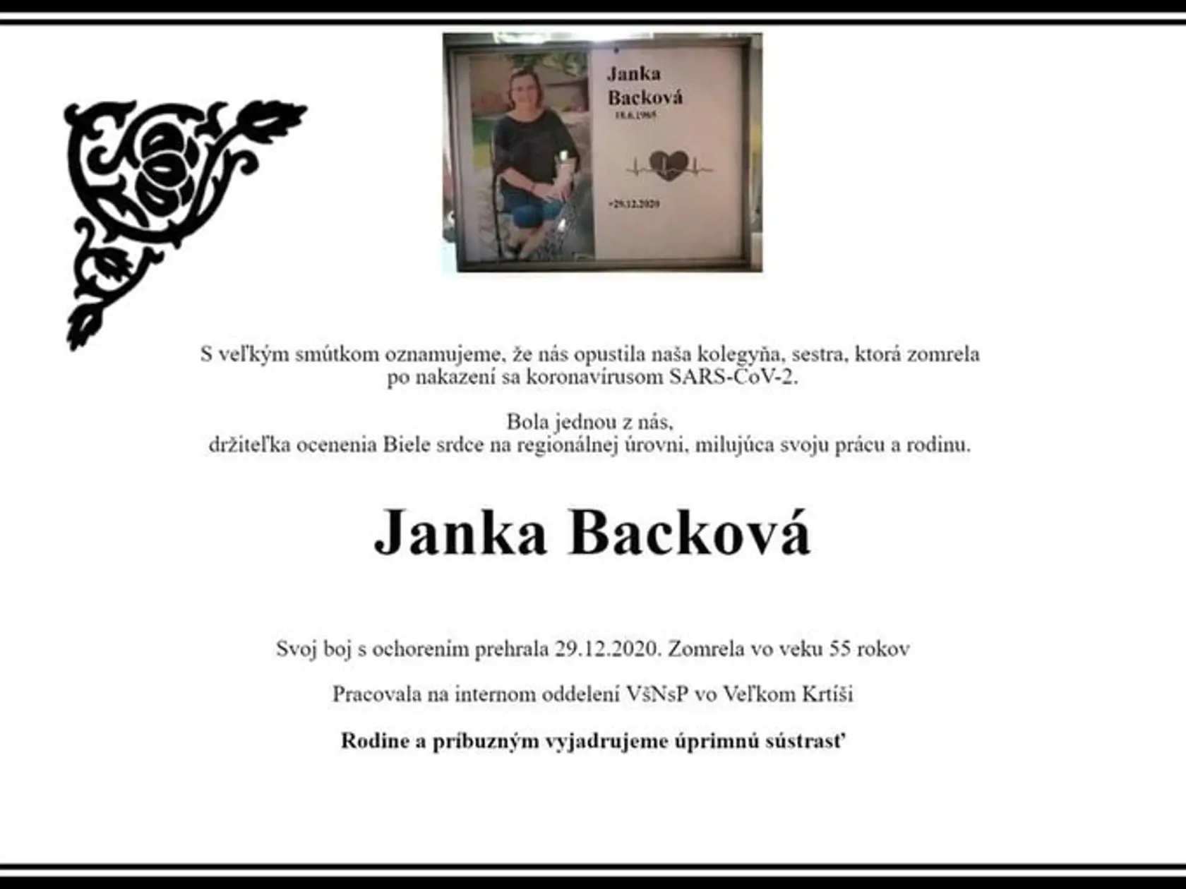 Prvá slovenská sestrička zomrela na koronavírus.