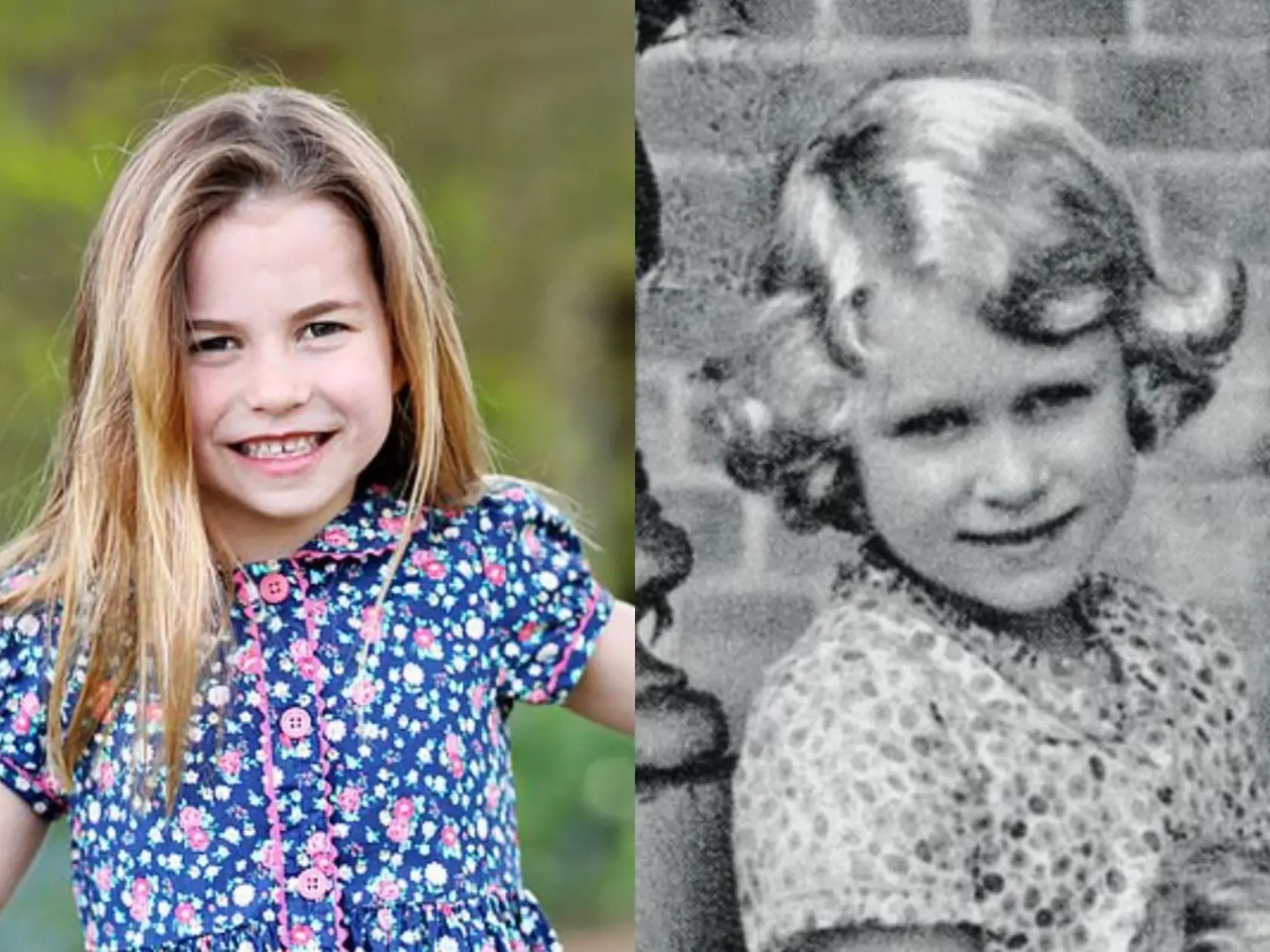 Princezná Charlotte a kráľovná Alžbeta na portréte ako 6-ročné. Kate sa aj pri poslednom fotografovaní inšpirovala kráľovnou. Malej slečne obliekla aj podobné kvetinové šaty.