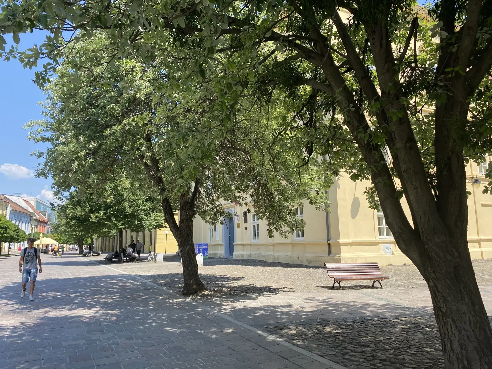 Centrum Prešova. Kamennú dlažbu medzi budovou knižnice patriacej Prešovskému samosprávnemu kraju a Konkatedrálou, pod tieňmi stromov , si vybral konzul na parkovanie svojho služobného auta.