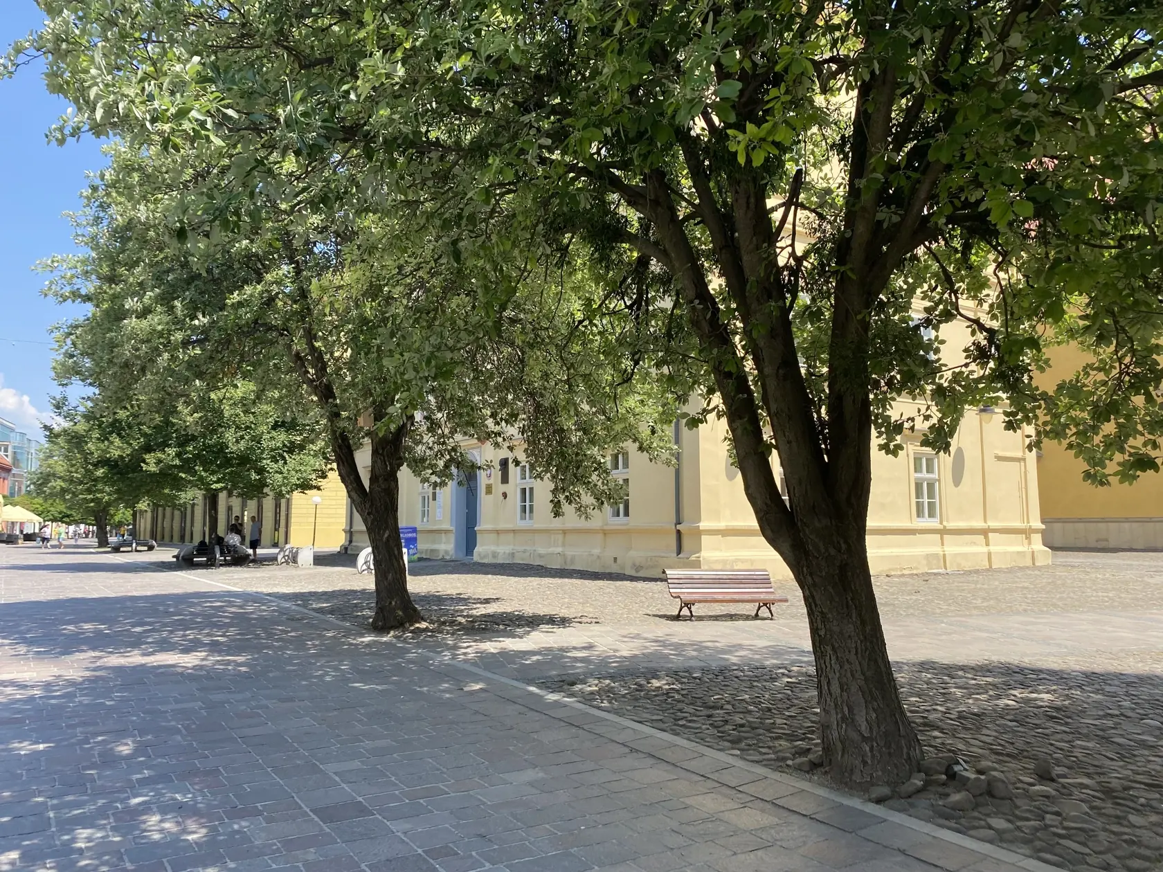 Centrum Prešova. Kamennú dlažbu medzi budovou knižnice patriacej Prešovskému samosprávnemu kraju a Konkatedrálou, pod tieňmi stromov , si vybral konzul na parkovanie svojho služobného auta.