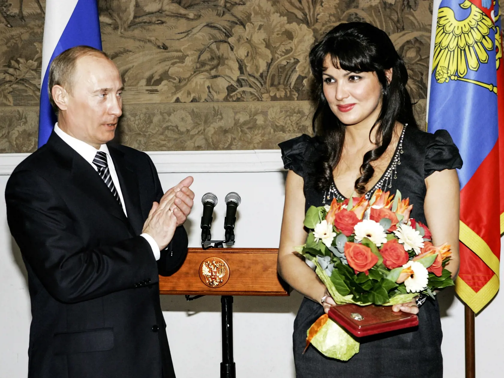 161: ST. PETERSBURG, RUSSIA. FEBRUARY 27. . President of Russia Vladimir Putin confers the title of "People's Artiste of Russia" upon opera singer Anna Netrebko at the gala night dedicated to the 225th anniversary of Mariinsky Theatre.,Image: 24443314, License: Rights-managed, Restrictions: , Model Release: no, Credit line: Profimedia