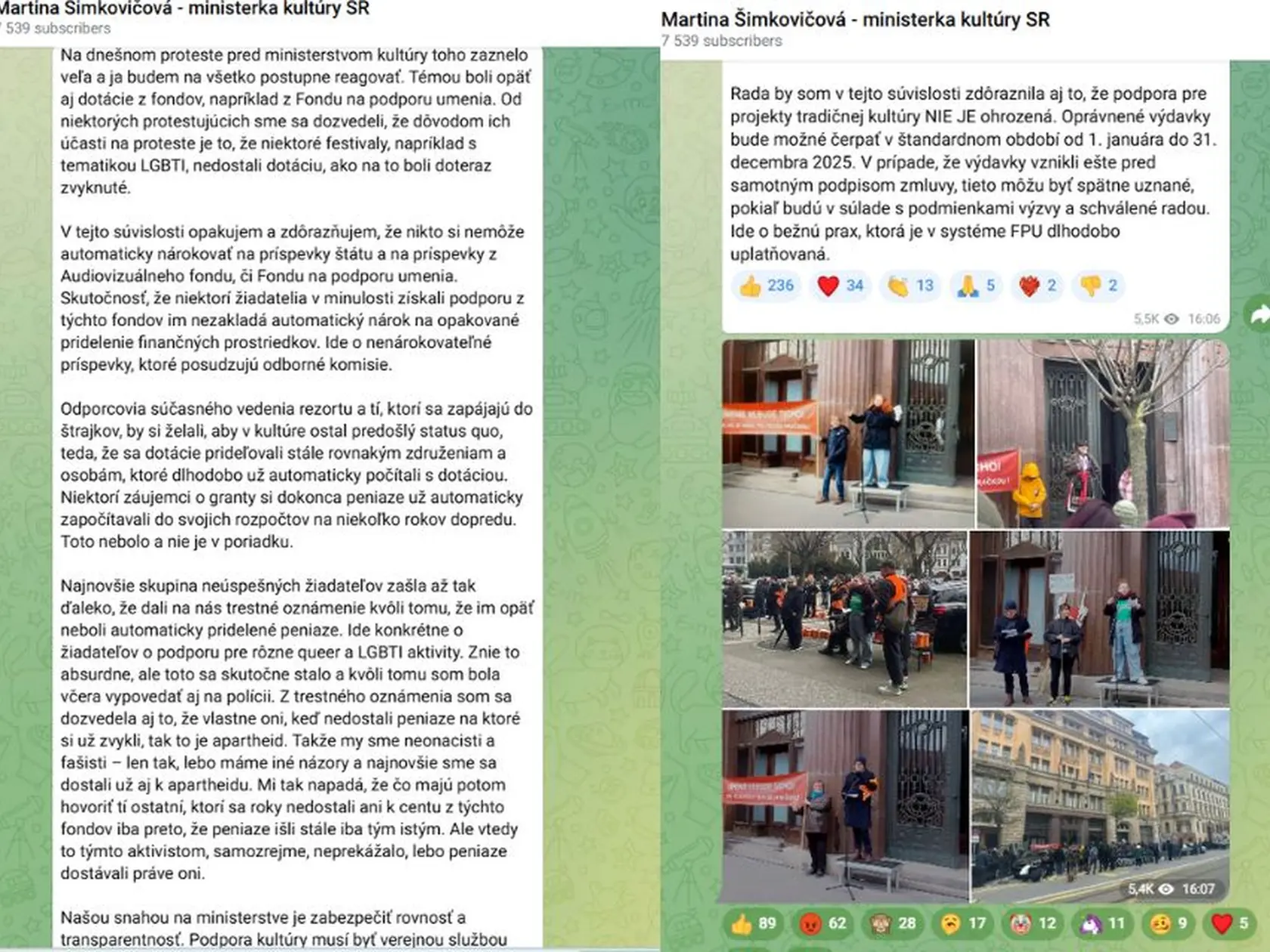 Ministerka kultúry Martina Šimkovičová reragovala na protesty, ktoré sa konali pod oknami jej ministerstva. Dala si záležať a veľmi podrobne reagovala na každý detail.