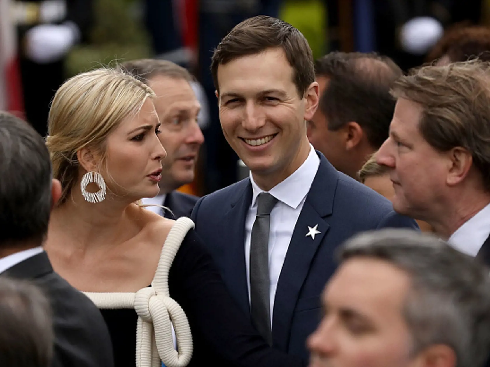 WASHINGTON, DC - APRIL 24:  Ivanka Trump and her husband Jared Kushner attend a state arrival ceremony hosted by U.S. President Donald Trump welcoming French President Emmanuel Macron to the White House  April 24, 2018 in Washington, DC. Macron and Trump are scheduled to meet throughout the day to discuss a range of bilateral issues as Trump holds his first official state visit with the French president.
 (Photo by Chip Somodevilla/Getty Images)