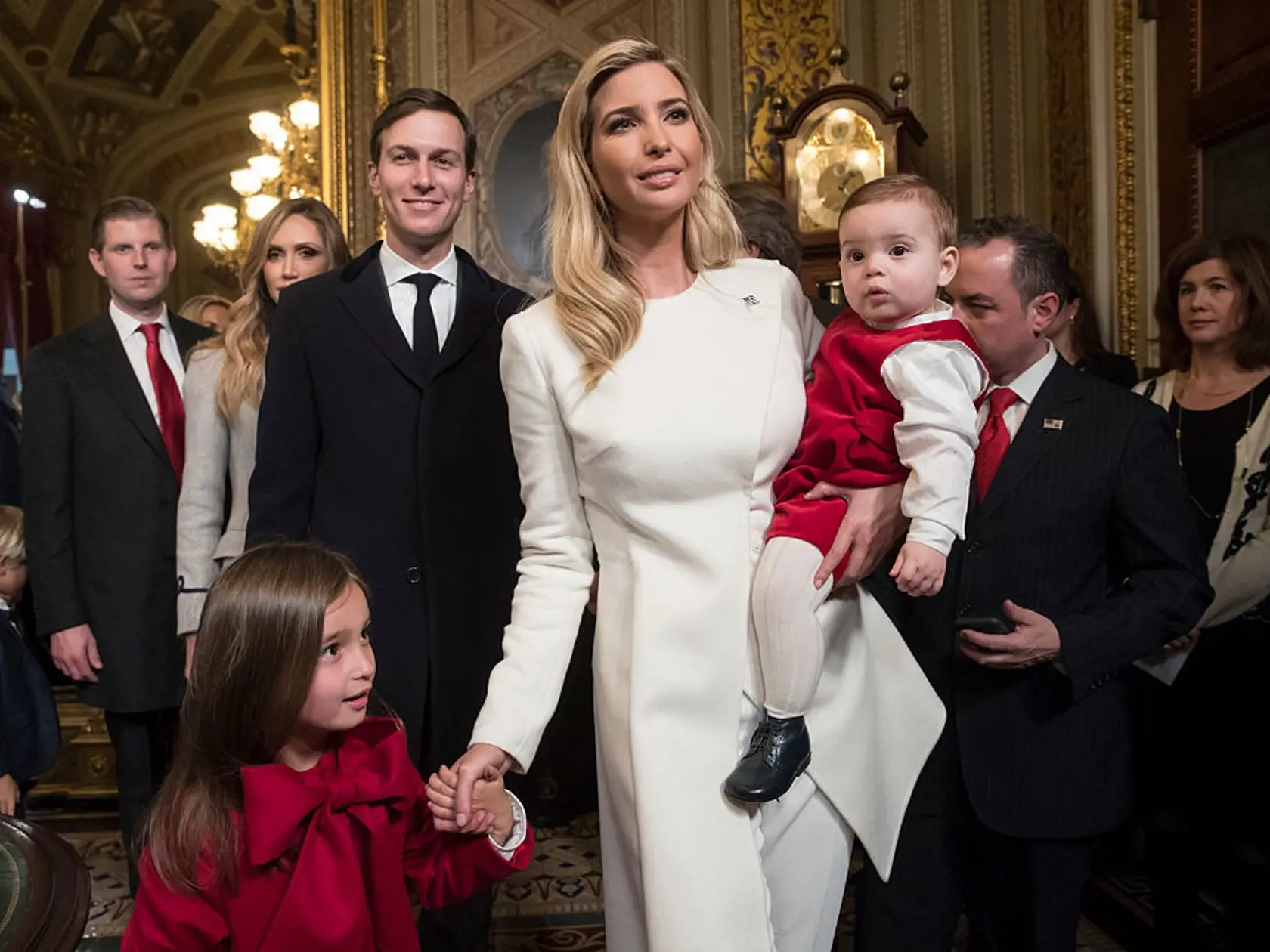 WASHINGTON, DC - JANUARY 20:  Ivanka Trump, with her husband Jared Kushner and their children, depart after her father President Donald Trump formally signed his cabinet nominations into law, in the President's Room of the Senate, at the Capitol in Washington, January 20, 2017.  (Photo by J. Scott Applewhite - Pool/Getty Images)