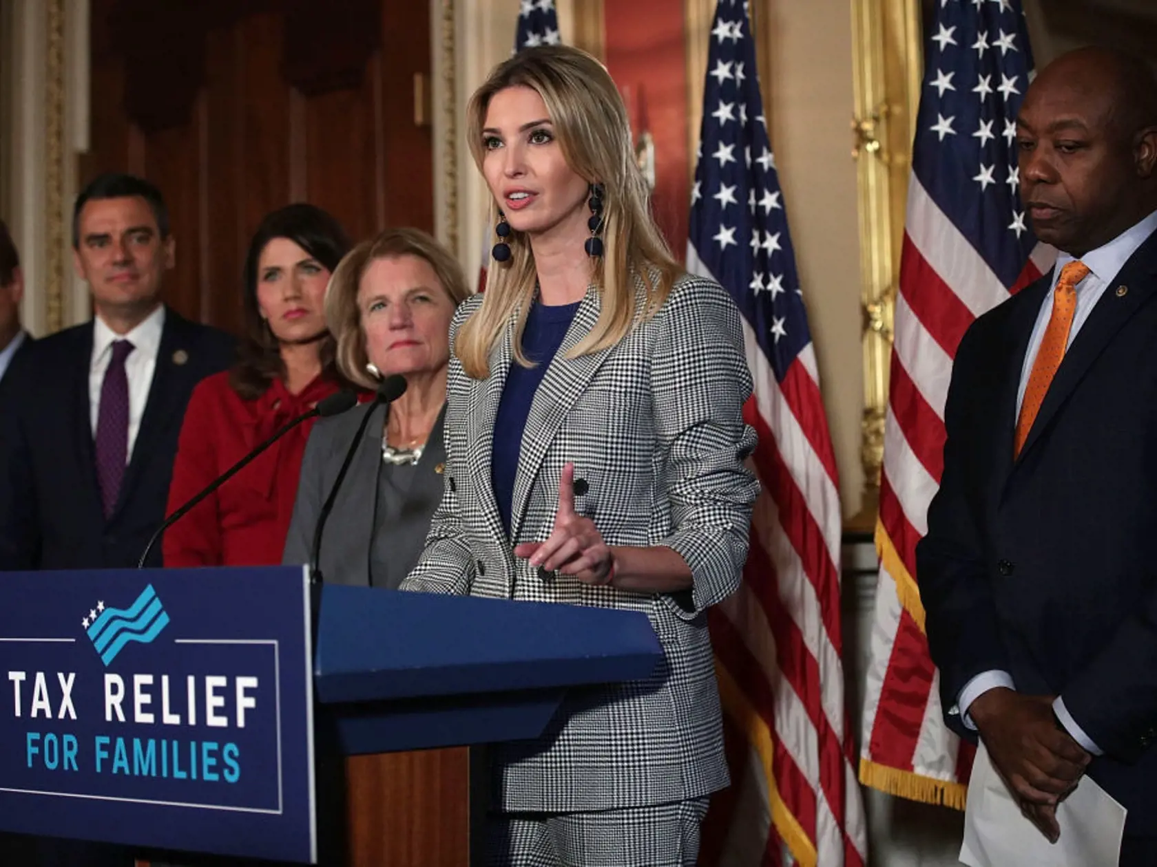 WASHINGTON, DC - OCTOBER 25: Ivanka Trump (2nd R), Adviser and daughter of President Donald Trump, speaks as (L-R) U.S. Sen. Dean Heller (R-NV), Rep. Kevin Yoder (R-KS), Rep. Kristi Noem (R-SD), Sen. Shelley Moore Capito (R-WV) and Sen. Tim Scott (R-SC) listen during a news conference October 25, 2017 at the Capitol in Washington, DC. Ivanka Trump joined Republican legislators to discuss child tax credit.  (Photo by Alex Wong/Getty Images)