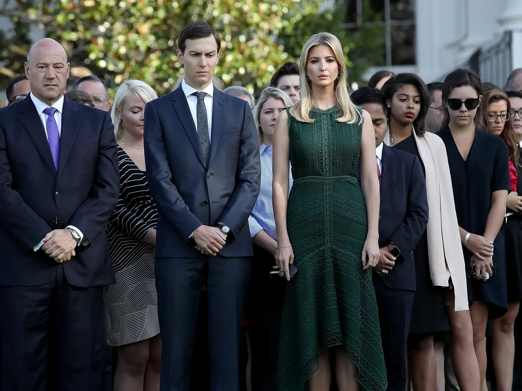 WASHINGTON, DC - SEPTEMBER 11:  Ivanka Trump and Jared Kushner attend a ceremony on the South Lawn of the White House marking the September 11 attacks September 11, 2017 in Washington, DC. Today marks the 16th anniversary of the attacks that killed almost 3,000 people and wounded another 6,000. Also pictured is Gary Cohn (L), Director of the National Economic Council. (Photo by Win McNamee/Getty Images)