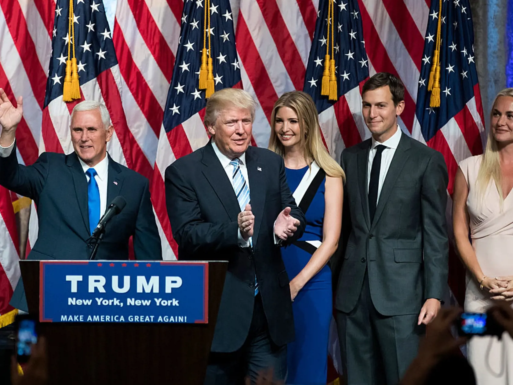 NEW YORK, NY - JULY 16: (L to R) Newly selected vice presidential running mate Mike Pence, governor of Indiana, Republican presidential candidate Donald Trump, daughter Ivanka Trump, her husband Jared Kushner and Vanessa Trump stand on stage at the end of an event at the Hilton Midtown Hotel, July 16, 2016 in New York City. On Friday, Trump announced on Twitter that he chose Pence to be his running mate. (Photo by Drew Angerer/Getty Images)