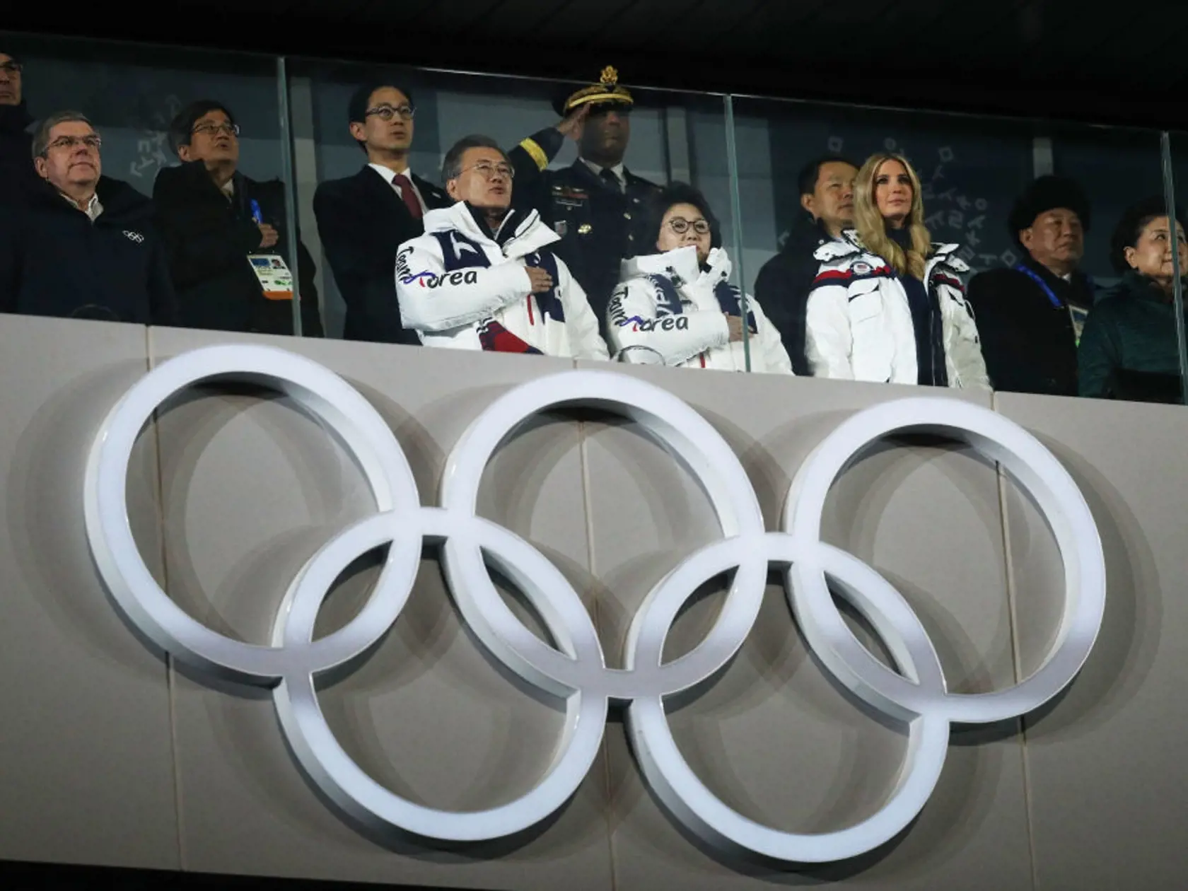 PYEONGCHANG-GUN, SOUTH KOREA - FEBRUARY 25:  (L-R) President of the International Olympic Committee Thomas Bach, President Moon Jae-in of South Korea, South Korean first lady Kim Jung-sook and Ivanka Trump attend the Closing Ceremony of the PyeongChang 2018 Winter Olympic Games at PyeongChang Olympic Stadium on February 25, 2018 in Pyeongchang-gun, South Korea.  (Photo by Maddie Meyer/Getty Images)