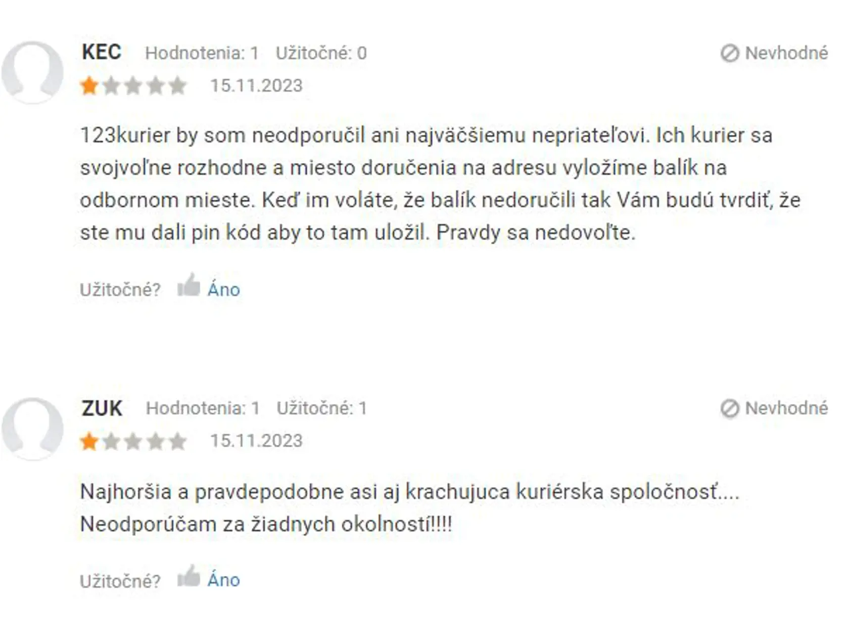 Negatívne recenzie zákazníkov s kuriérskou spoločnosťou.