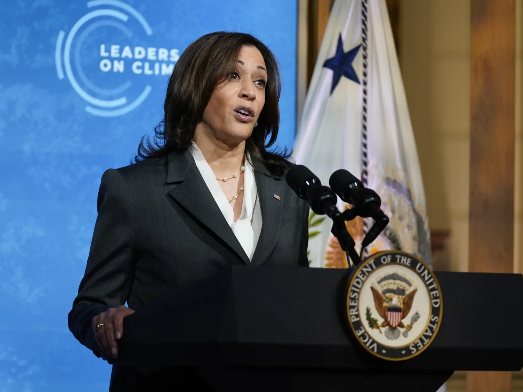 EBE 3 Washington - Na snímke americká viceprezidentka Kamala Harrisová reční počas virtuálneho summitu svetových lídrov o klíme vo štvrtok 22. apríla 2021 v Bielom dome vo Washingtone. FOTO TASR/AP

Vice President Kamala Harris speaks to the virtual Leaders Summit on Climate, from the East Room of the White House, Thursday, April 22, 2021, in Washington. (AP Photo/Evan Vucci)