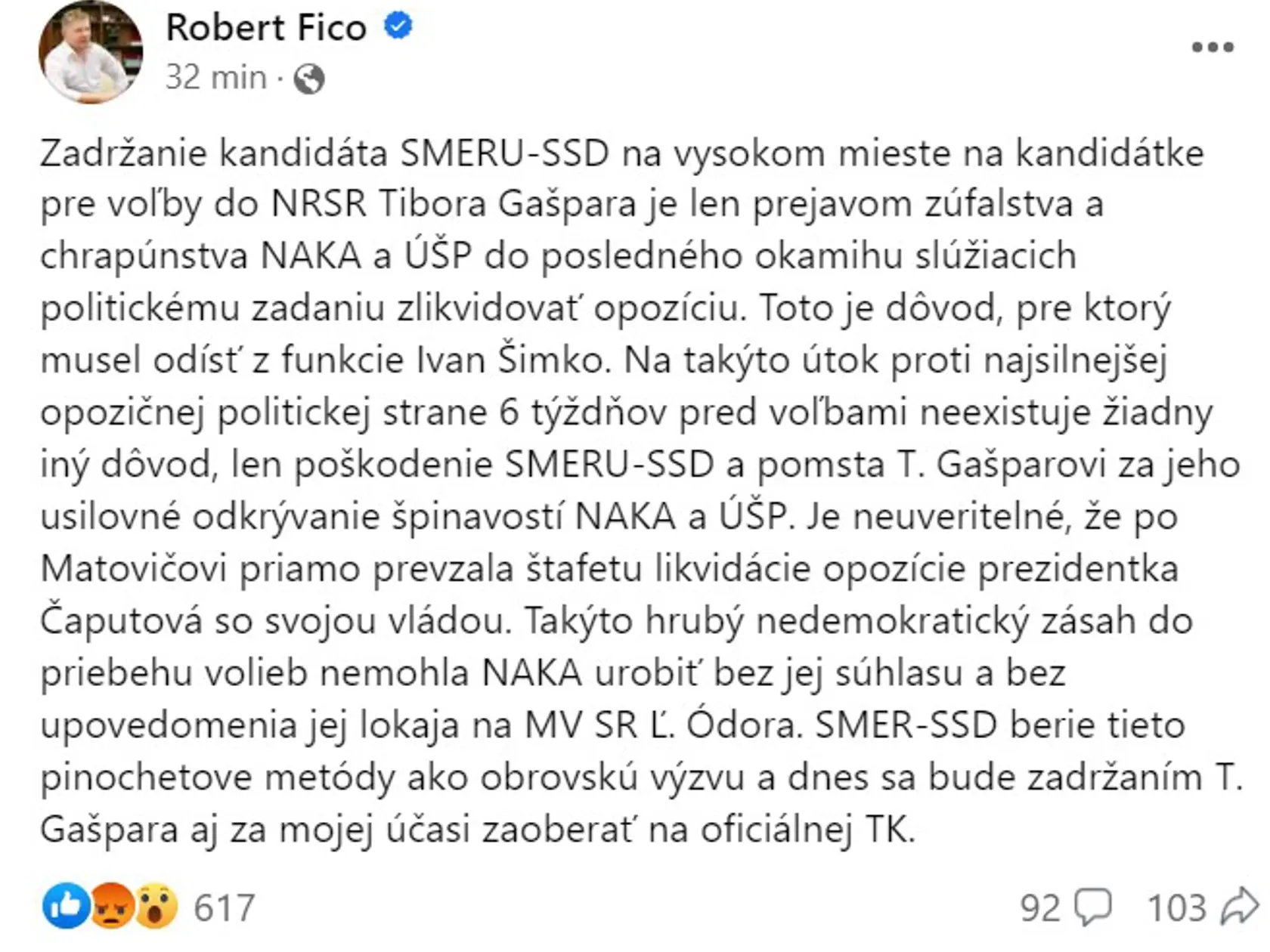 Na zadržanie Tibora Gašpara reagoval na sociálnej sieti Robert Fico.